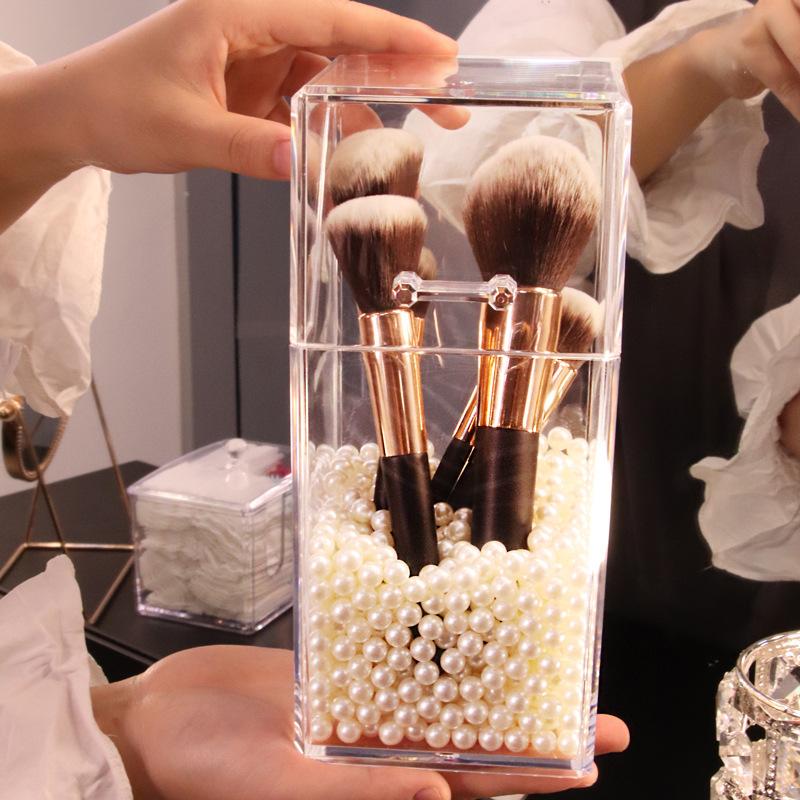 Dustproof Clear Acrylic Makeup Brush Holder, Transparent Cosmetic Organizer Box with Lid, Desktop Makeup Brush Storage