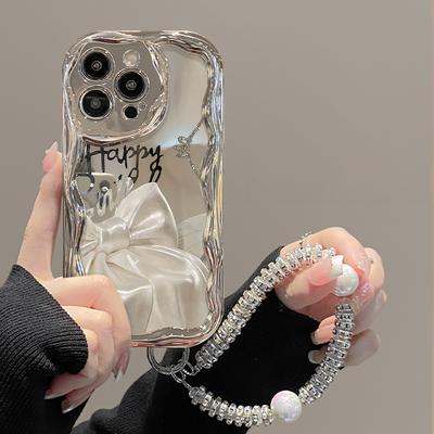 Applicabile a Custodia per Cellulare Apple 15 di fascia alta Braccialetto con Fiocco di Nastro Iphone14 13 Placcato Argento 12 Silicone Morbido