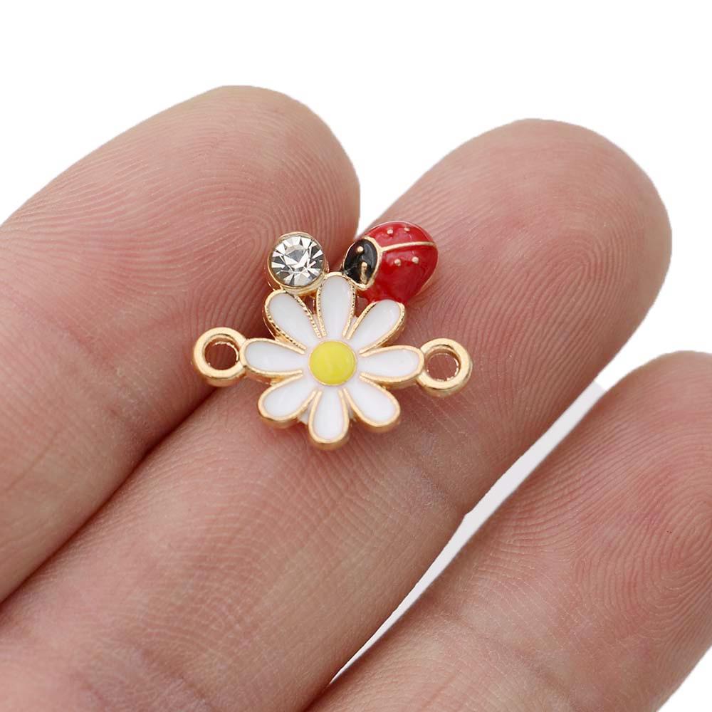 10Pcs Gold Plated Enamel Flower Ladybug Charm Connectors For Jewelry Making Bracelet Accessories Diy Findings 18X15Mm