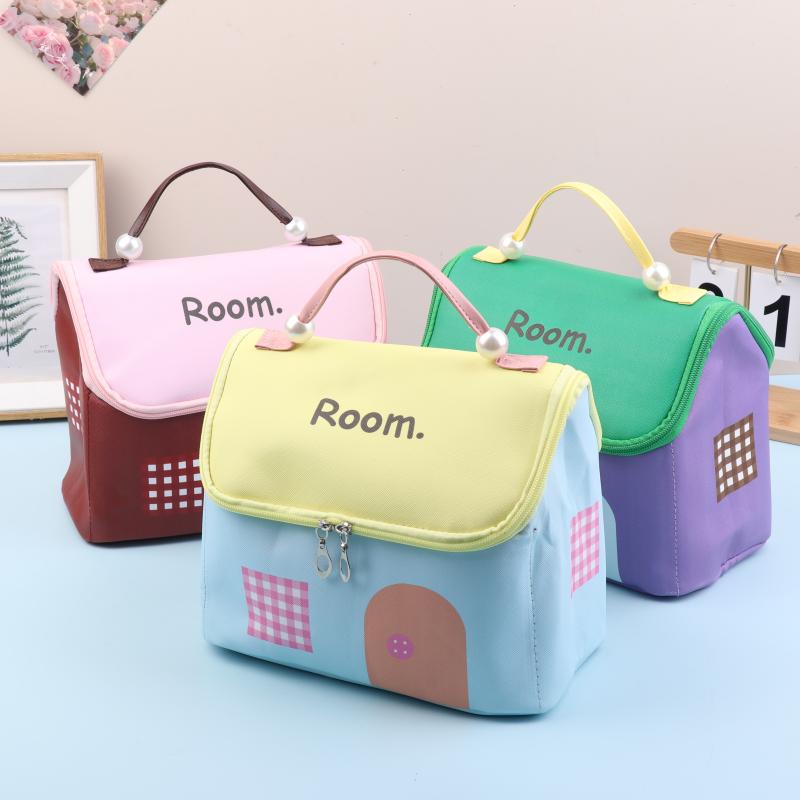 1 Pcs Dopamine Color Cute House Shape Makeup Bag Large Capacity Portable Makeup Storage Bag Cartoon Makeup Handbag