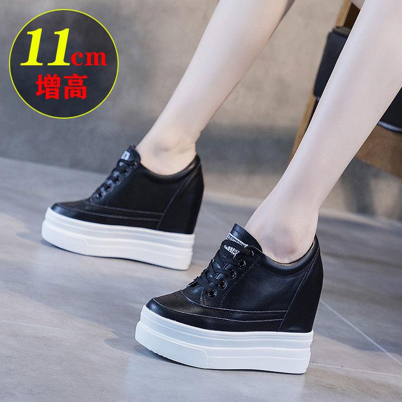 Fashion 11CM Genuine Leather Shoes New Autumn Winter Lace-up High-top Women Sneaker Shoes High Heels Increase Within Wedges Casual Shoes