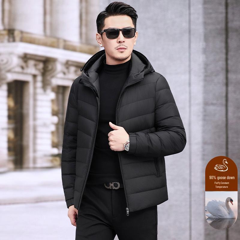 Men's Hooded Winter Jacket with Detachable Liner – 90% Goose Down, Warm Mid-Length.