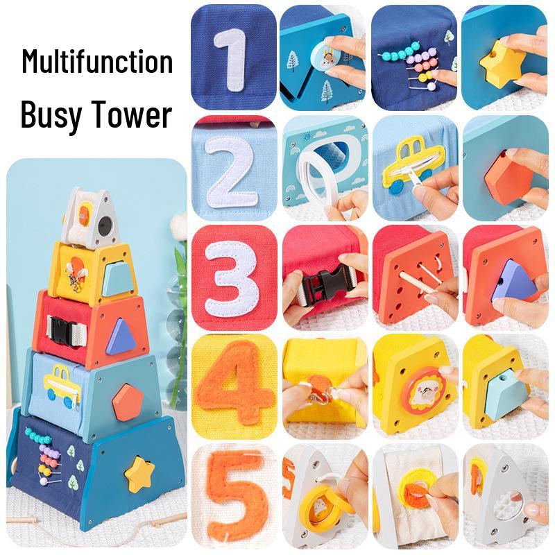 Children's Wooden Busy Tower: Multifunctional Educational Toy for Early Learning, Shape Matching, and Hands-on Skill Development