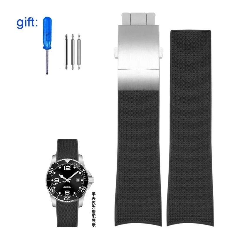 Curved End Rubber Watch Strap for Longines Conquest HydroConquest L3.781 642 742 782 Sports Diving Silicone Blue Watchbands 21mm