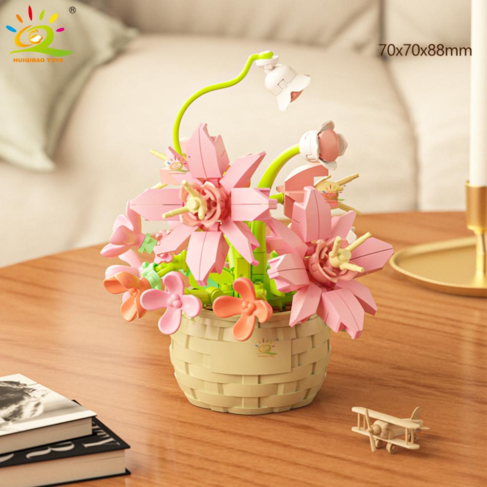 HUIQIBAO MOC Bouquet Potted Plant Micro Building Blocks Eternal Flower Model DIY Home Desk Decoration Brick Toy For Children