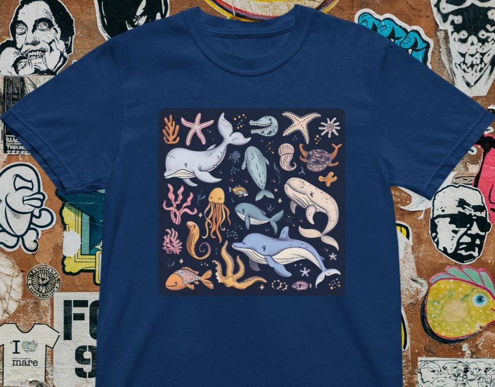 Ocean Animals T-Shirt Cute Sea Life Graphic Tee Whale Dolphin XXXL