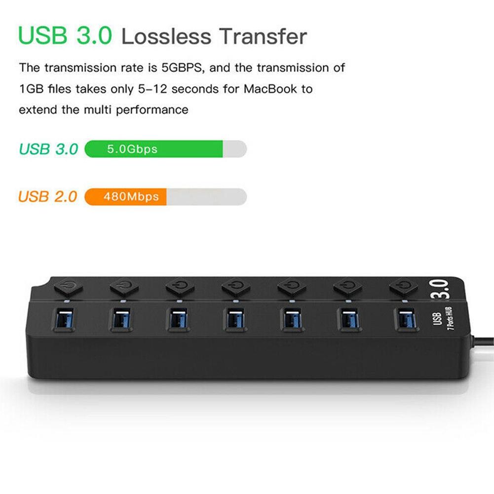 USB Hub 3.0, 7-Port USB Data Hub Splitter with Individual On/Off Switches Extension for MacBook, Mac Pro/Mini and More