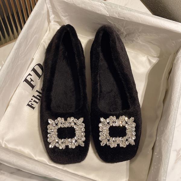 Fashion Winter Shoes Women Autumn Crystal Casual Female Sneakers Elegant Loafers Fur Buckle Flats Fall Boat Rhinestone New Dress