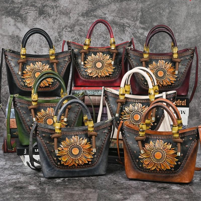 Johnature Retro geprägte Lederhandtasche Damentasche Fortschrittliche vielseitige Umhängetasche mit großer Kapazität