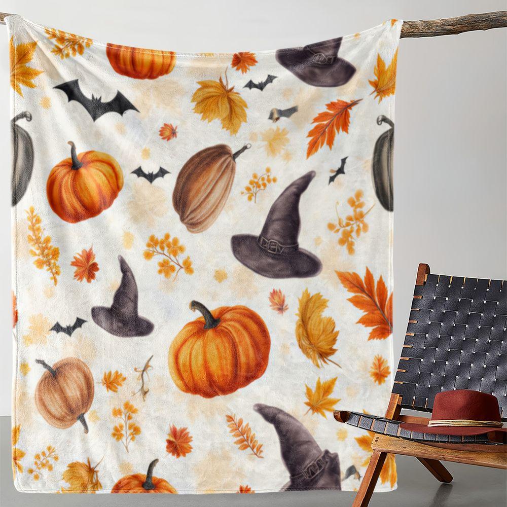 Autumnal Pumpkin Bat Witch Hat Pattern Flannel Throw Blanket Soft Cozy Fleece Bed Sofa Cover,Decorative Fall Harvest Home Bedding Couch Throw