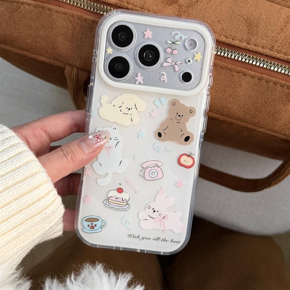 Cartoon Double-Layer Anti-Drop Phone Case for iPhone 15/17/16 Pro Max, Puppy Cat Design