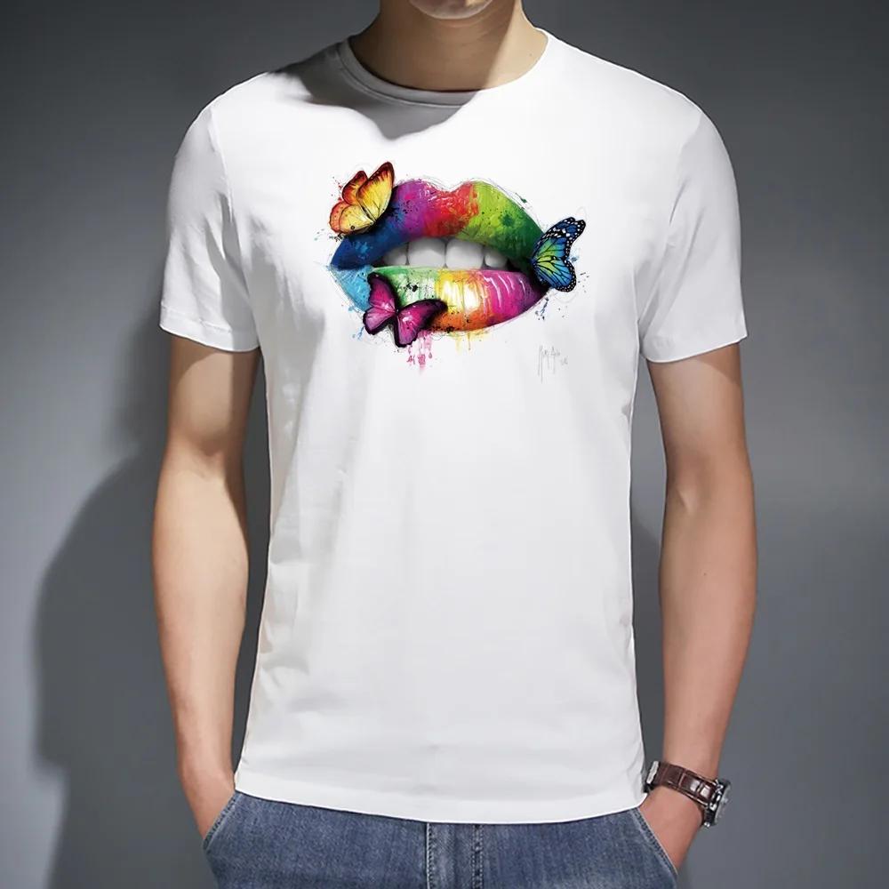 T-shirt Casual Men O-neck Clothes Mouth Printing Series Commuter Fashion All-match Breathable White Shirt Summer Tees Loose Top