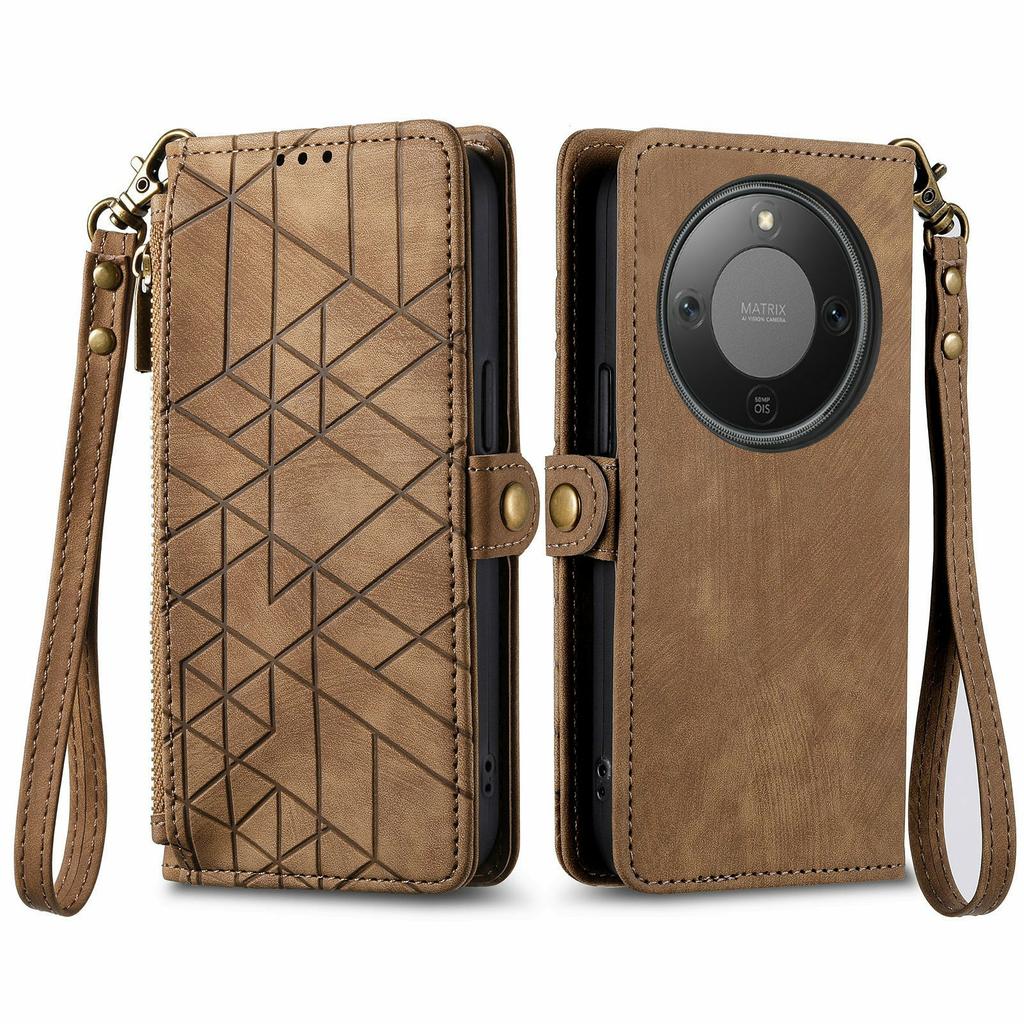 For Honor X70 Pro 5G Case Zipper Wallet Geometry Lines Leather Phone Cover with Strap