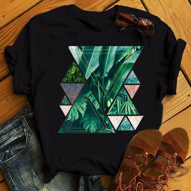 Neues Damen T-Shirt Mode Schwarz Tops Floral Geometrischer Druck T-Shirt Weiblich Lässig Kurzarm O-Ausschnitt T-Shirt Tops Kleidung