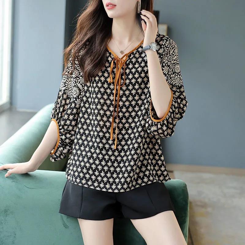 Fashion Summer New Fashion Korean Style Simple Niche Versatile Commuting Three-quarter Sleeve Lace-up Printed Chiffon Shirt for Women