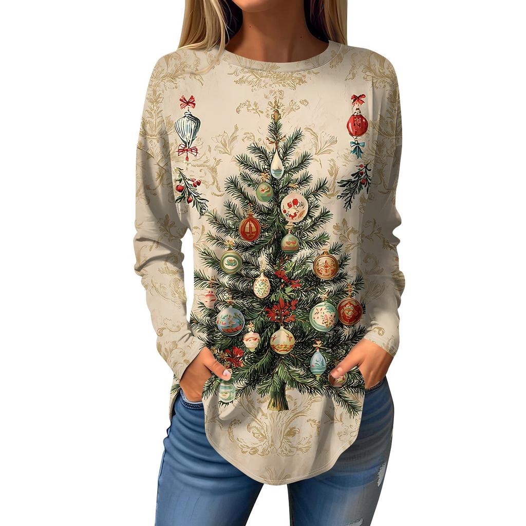 Christmas limited edition women s 3D Christmas element printed round neck long-sleeved T-shirt casual long-sleeved top XXS