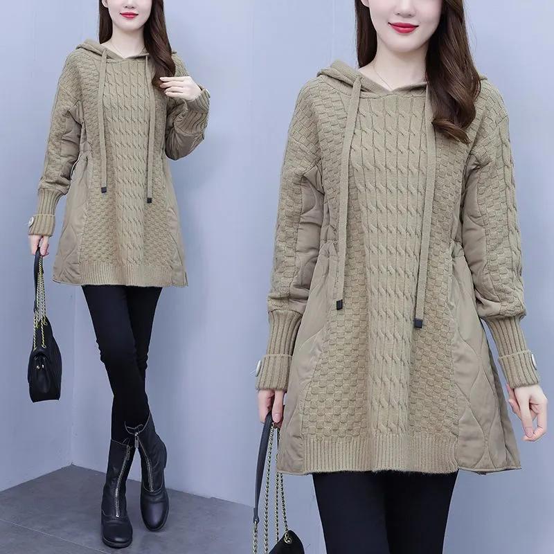 Damen Herbst/Winter Splicing Strickpullover Design Locker Kapuzen Winterparka Mantel Damen