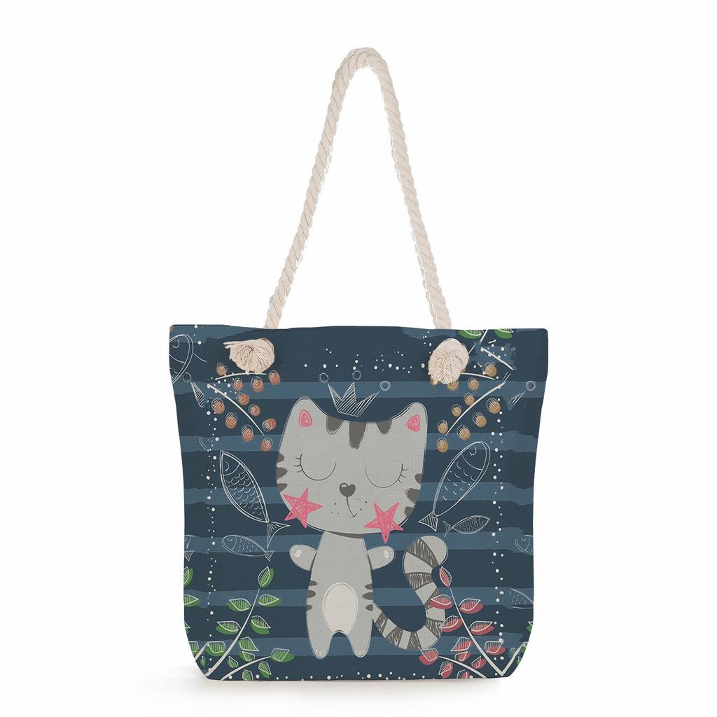Cartoon cat print thick rope single-shoulder beach bag 7252