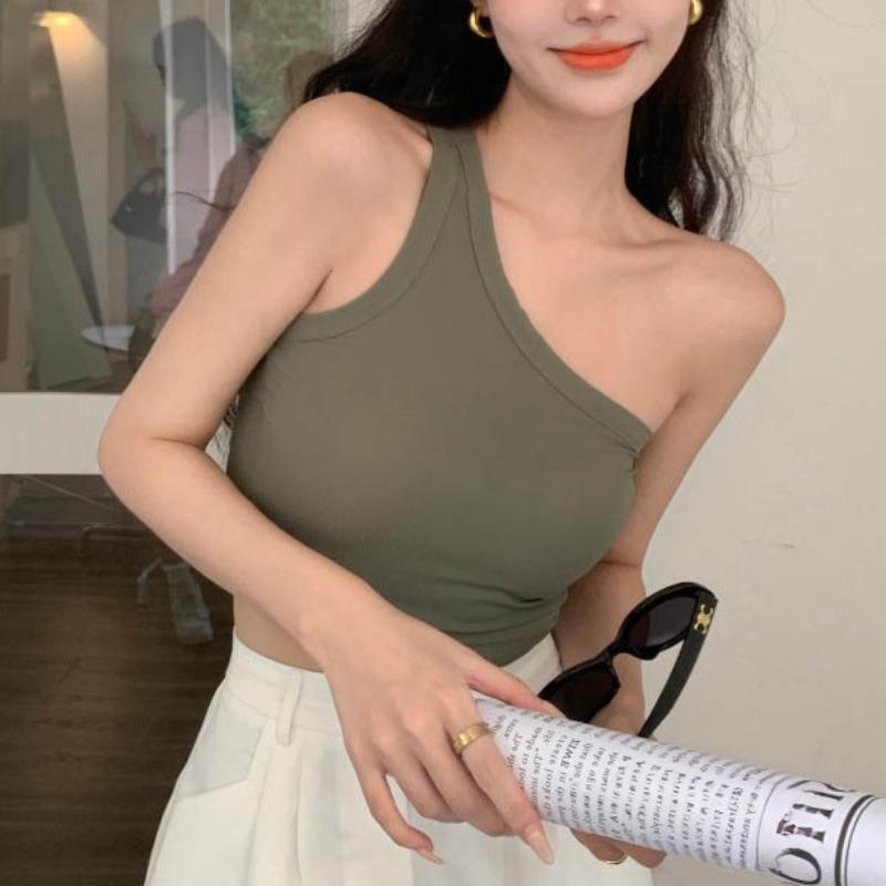 Camisole d'été pour femmes, épaules diagonales, haut polyvalent, nombril ouvert, haut court