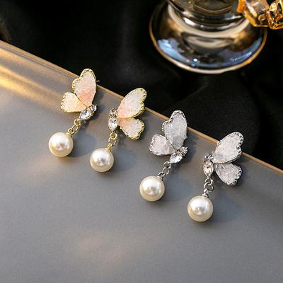 Gradual Change Gravel Crystal Butterfly Earrings, Gentle Super Fairy Mori Pearl Earrings Light Luxury Earrings Women