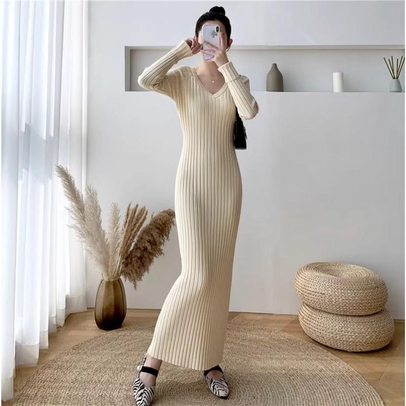 Womens Long Knit Dress V-Neck Slim Fit Midi To Maxi Length Solid Color Office Elegant Style