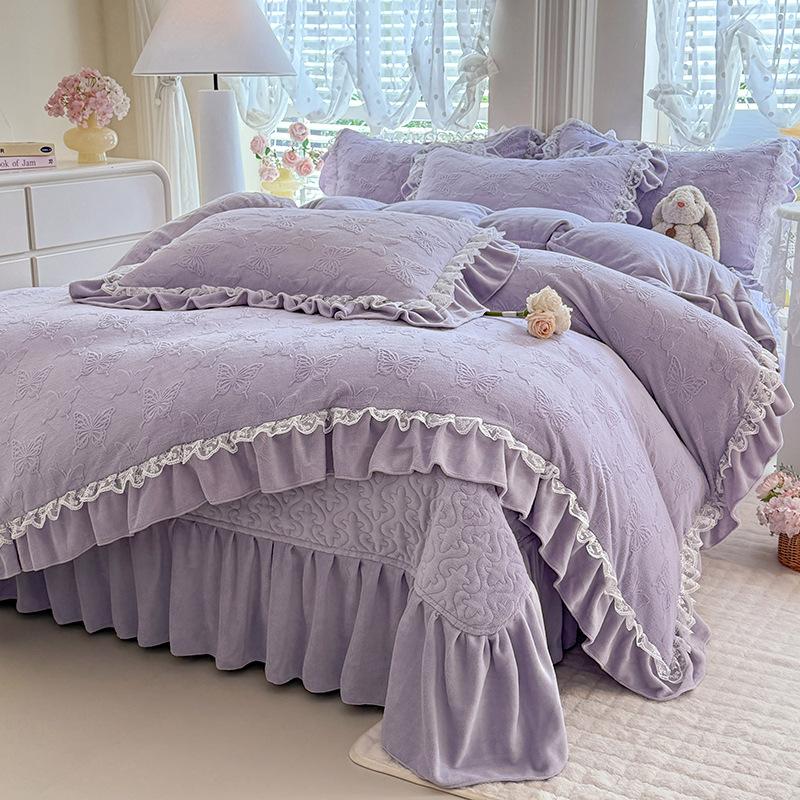 French Bed Cover Lace Thickened Milk Fleece Four-Piece Double-Sided Baby Fleece 1.8