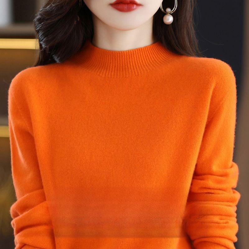 Halbhoher Pullover für Damen im Herbst und Winter, Verdickter einfarbiger lockerer Wollpullover, Kombiniert mit einem Unterhemd