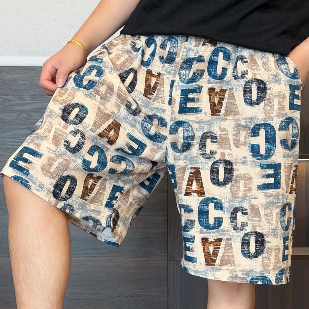 Summer men's cotton and silk starfish shell printed shorts loose home pajama pants can be worn outside summer double pocket cool pants