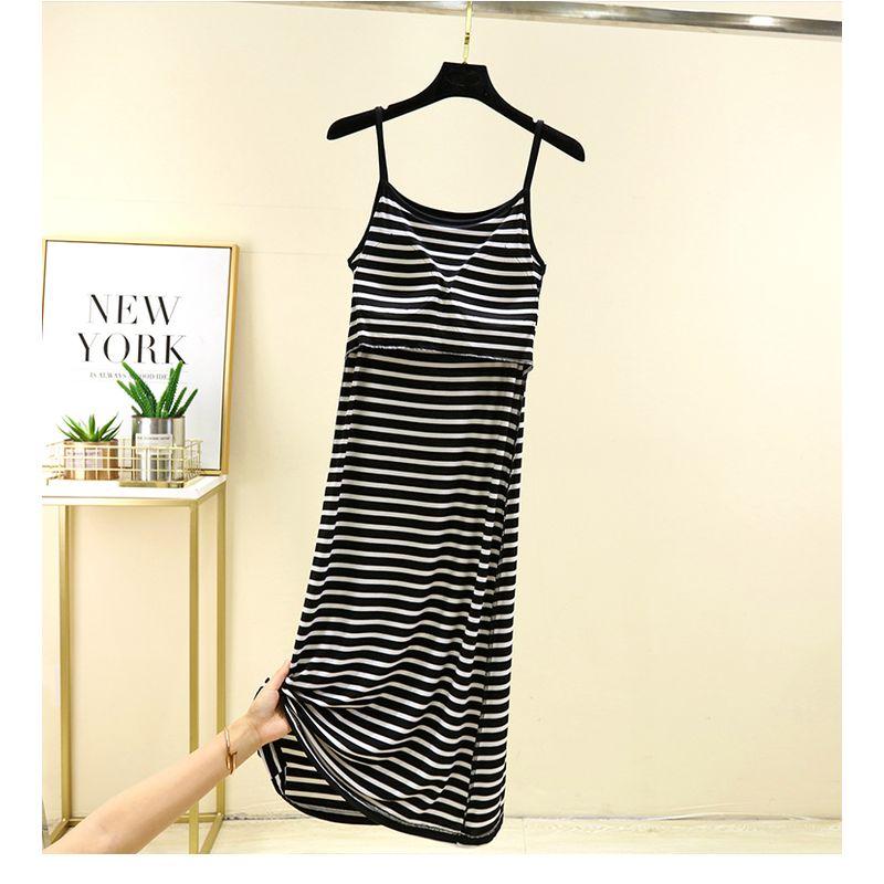 Chest Pad Modal Suspender Skirt Plus Size Slimming Chest Cotton One-Piece Bottoming Underdress Ice Silk Stripe Mid-Length Nightdress