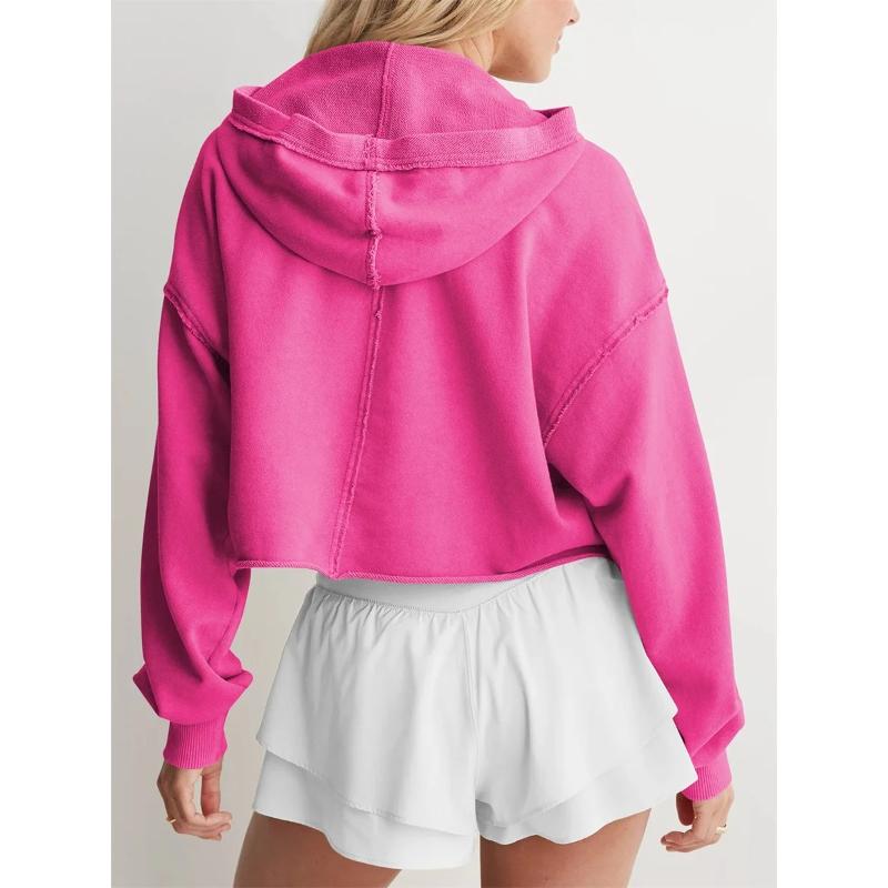 Modisches Damen Kapuzenpullover für Frühling und Herbst Langarm Einfarbige V-Ausschnitt Crop Hoodie