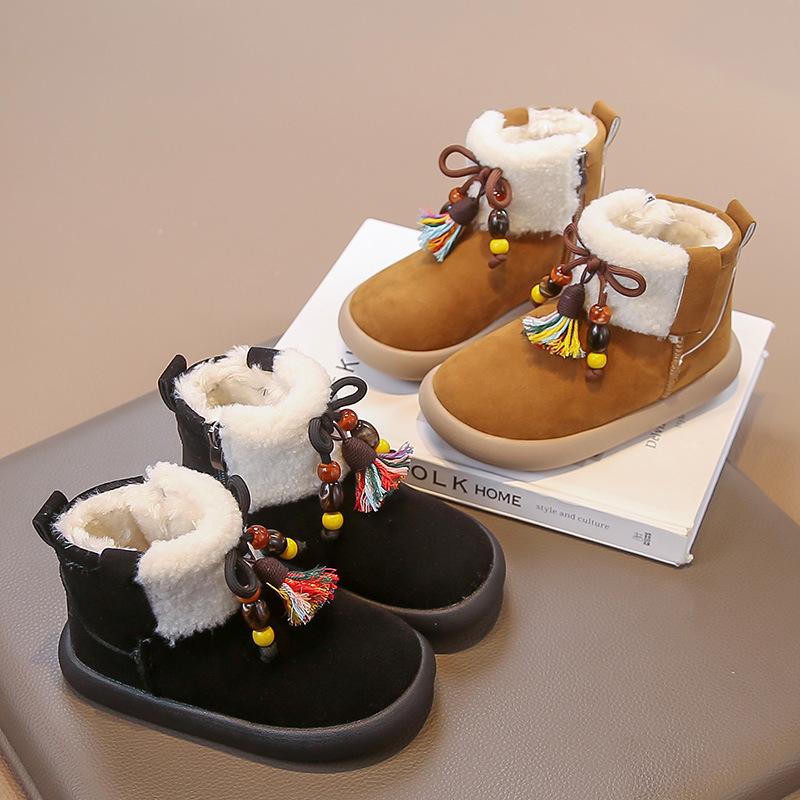 [Winter Retro Ethnic Beaded Snow Boots Maillard Fringe Ankle Boots Trendy Baby Shoes]
