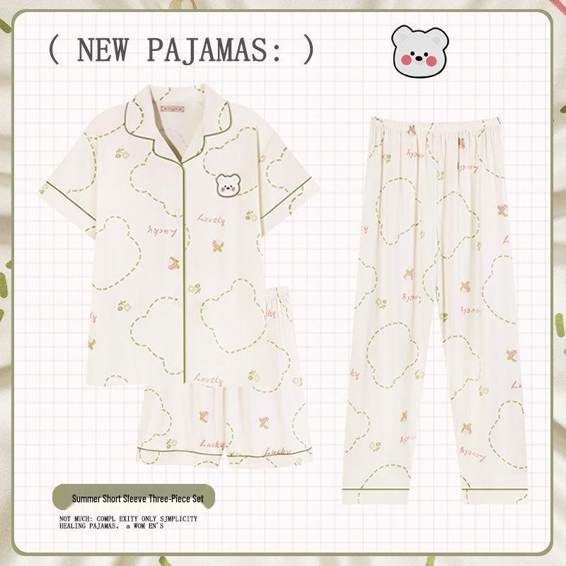 Pastoral Women's Pajama Set: Soft, Cute Rabbit Design, Short-Sleeve, Casual Three-Piece Loungewear.