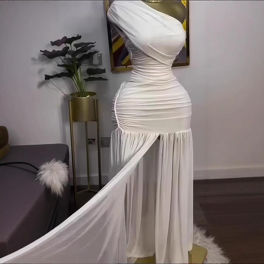 2025 Frühling Damen Einfarbig Ärmellos Asymmetrisch Gereiht Langes Kleid