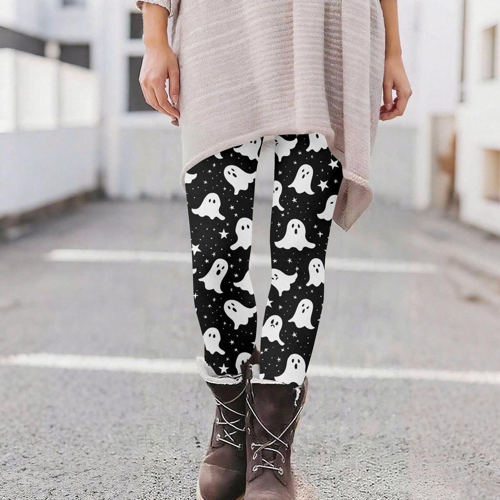 Damen Casual Mode Outdoor Halloween Bedruckte Slim Elastische Yogahose Cropped Hose