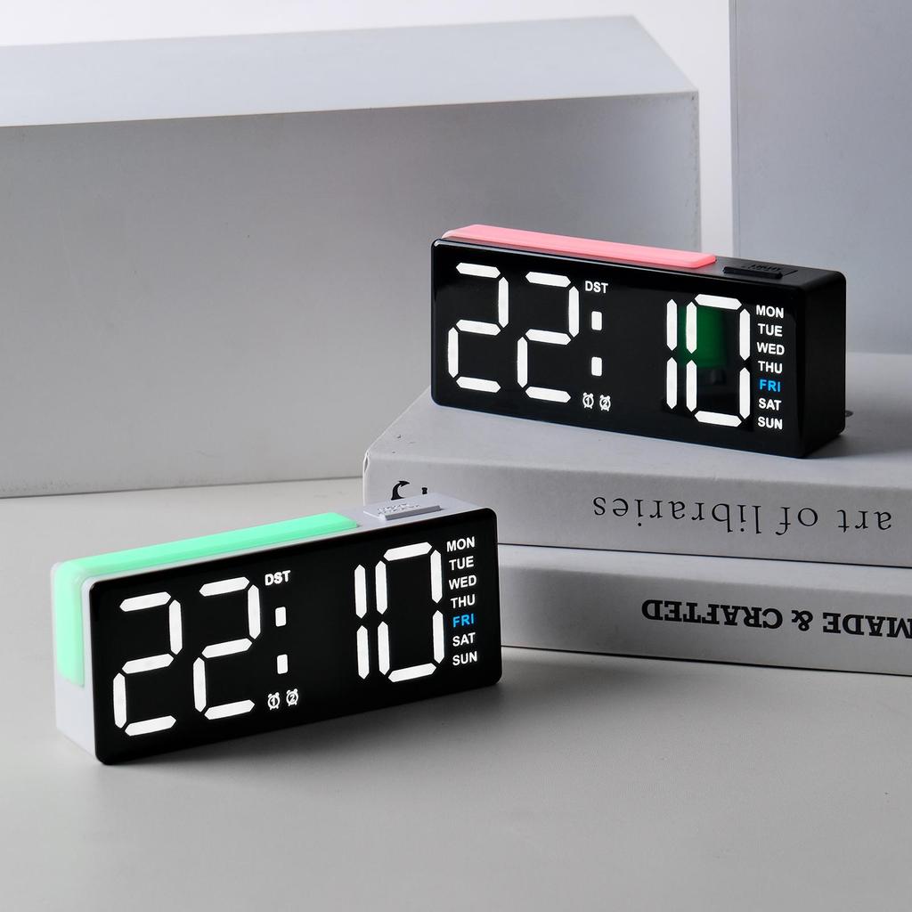 LED Digital Alarm Clock Atmosphere Light Date Teperature Week Display DST Snooze Table Clock 12/24H Brightness Adjustment