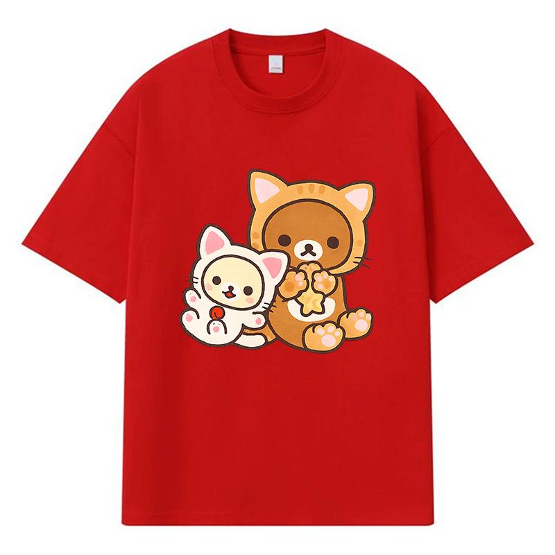 2026 Dwa Urocze Koty Nadruk Graficzny Y2k Harajuku Streetwear 100% Bawełna Koszulka Casualowa Oversize Letnia Męska Koszulka