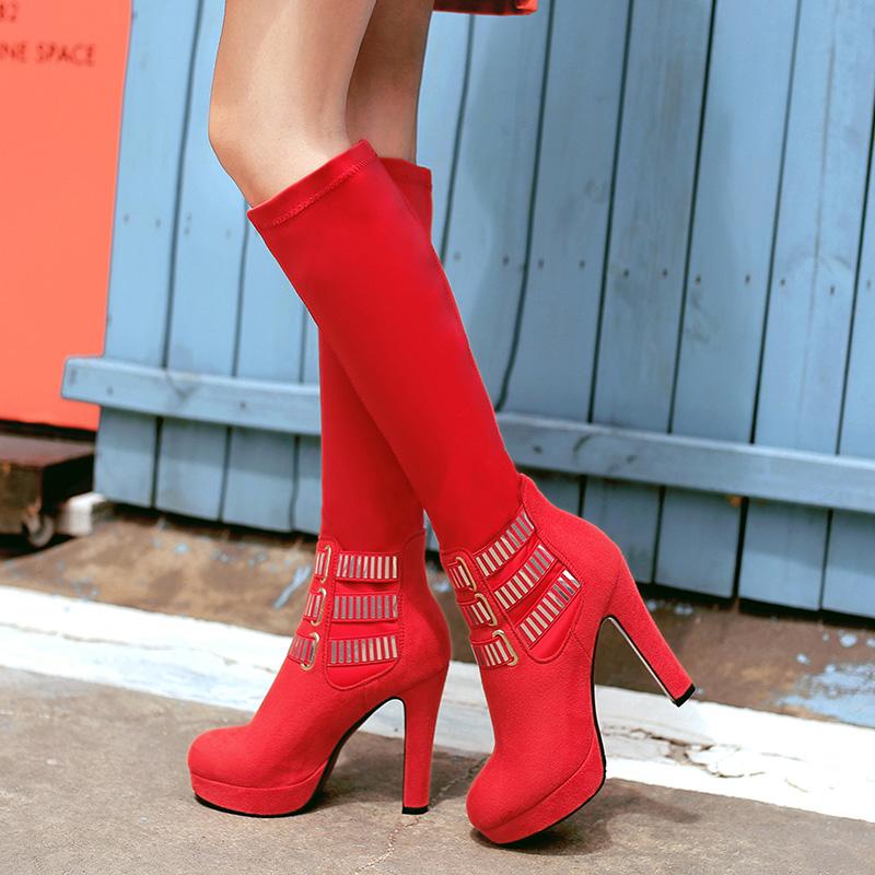 Damen High-Heel Stiefel Herbst und Winter neu wasserdicht Tisch Blockabsatz Übergröße vielseitig mittelhohe Stiefel