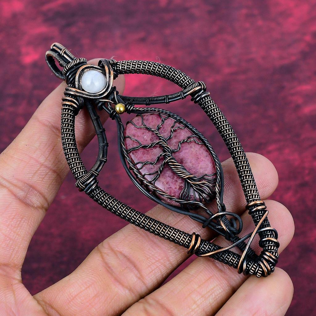 Tree Of Life Rhodonite Gemstone Pendant Copper Wire Wrapped Jewelry Rainbow Moonstone Pendant