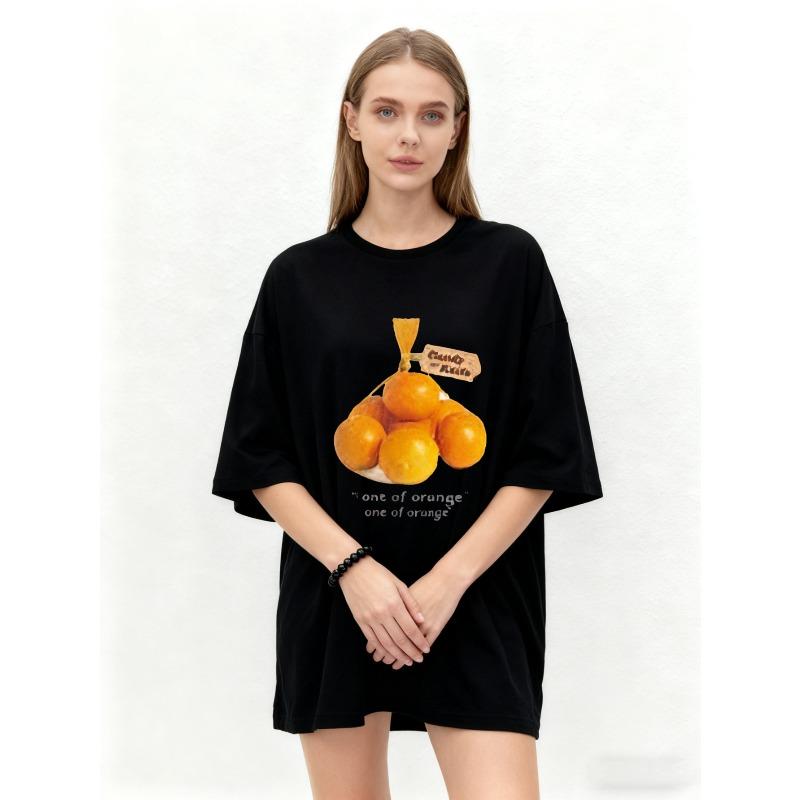 Oversized T Shirt Black Orange Fruit Print With Candy House Text And One Of Orange Quote Casual Everyday Wear