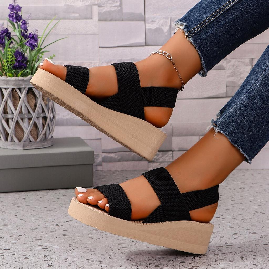 Damen Sommer gewebtes elastisches Band Keilsandalen mit dicker Sohle Freizeitschuhe