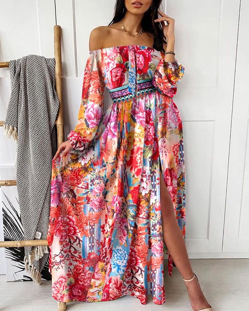 V-neck Vintage Long Sleeve Slit Dress with European & American Print