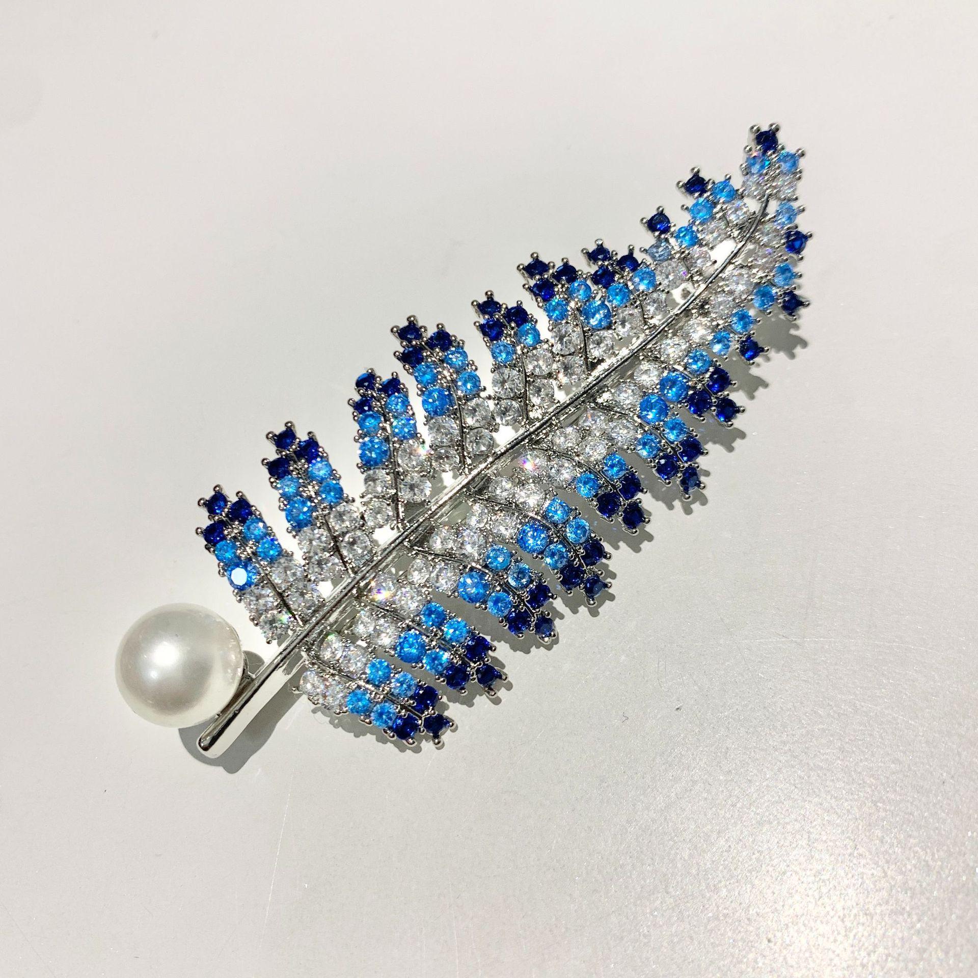 French Luxury Copper Zircon Freshwater Pearl Leaf Brooch