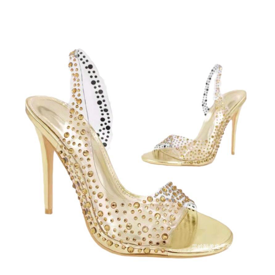 European and American Large-size Rhinestone High-heeled Open-toed Sandals Women's Pointed Head Rear Mixed with Crystal Fish Mouth Fashion Shoes