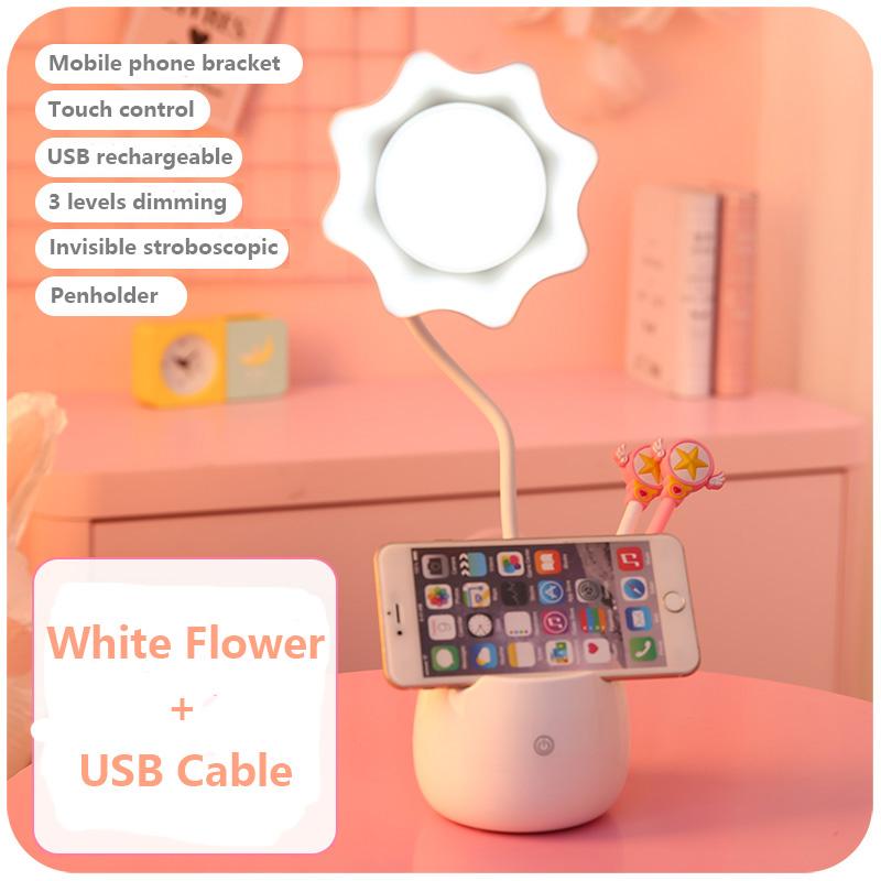 Lovely 3 Levels Dimmer Reading Table Lamp Pen Case Base Student LED Desk Lamp Girls Charge Bedside Lamp for Bedroom Studyroom