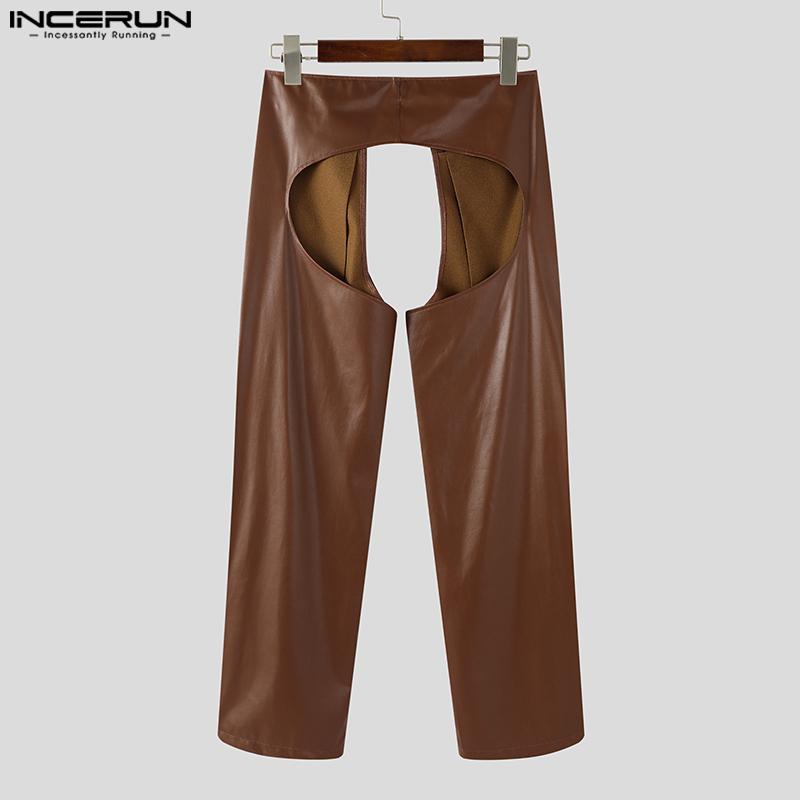 INCERUN Men Zip-up Waist Crotch Cutout PU Leather Party Long Pants Trousers