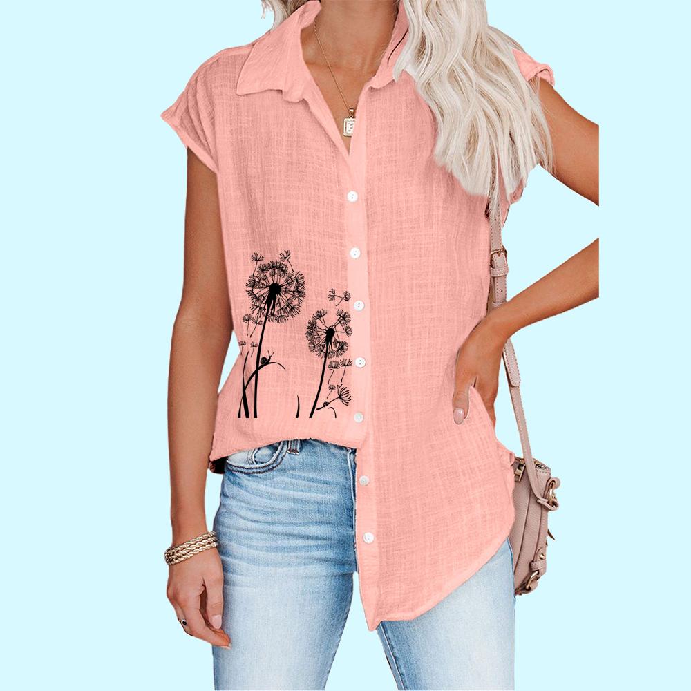 Women Fashion Sleeveless Shirt Spring/Summer Casual Print Top Ladies Thin Button-down Blouse