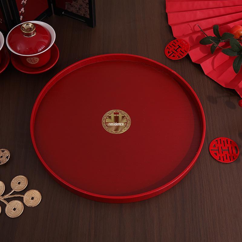 Solid Wood Wedding Tray Set for Fruit, Candy, & Tea Ceremony - Red Engagement Celebration Plate