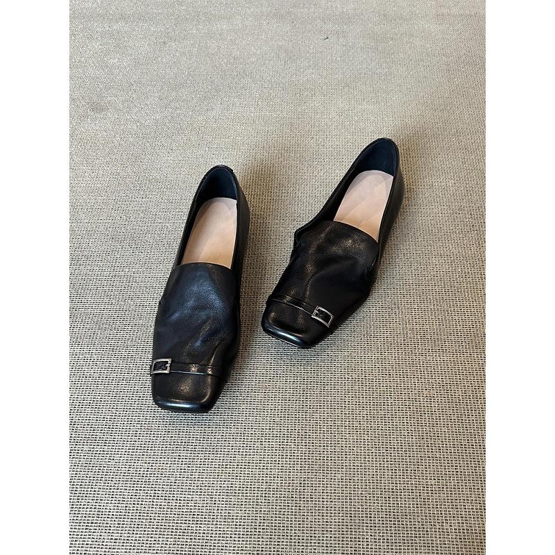 Sheepskin Version~ Retro British Style Leather Square Head One-pedal Loafers Women's Design Sense Niche Flat-bottomed Small Leather Shoes