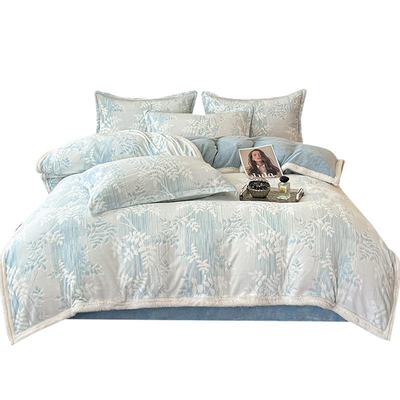 Thickened Milk Fleece Bed Four-Piece Set, Light Luxury High-End Coral Fleece Flannel Quilt Cover, Bed Sheet Three-Piece Set