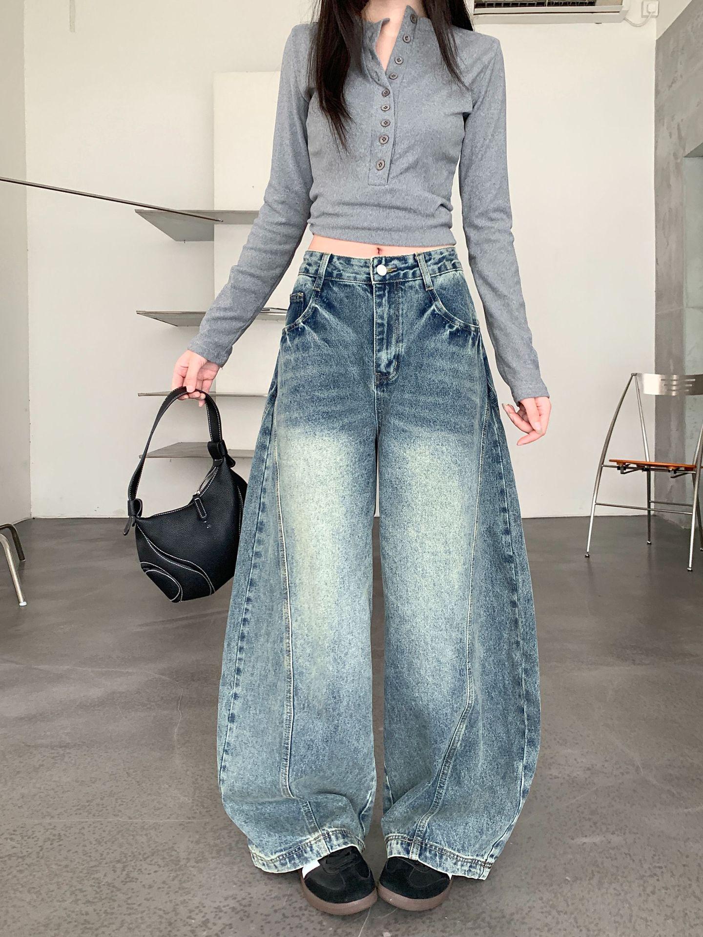 

Женские джинсы широкого кроя в американском ретро-стиле, потертые, синего цвета - Универсальные, стройнящие и длиной до пола для осени 3XL